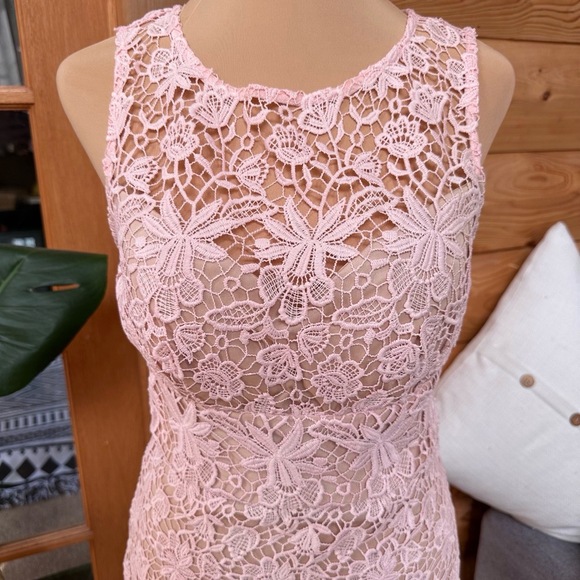 BISOU BISOU M. BOHBOT Pink Lace Overlay Midi Floral Sleeveless Sheath Dress Sz 2 - Picture 4 of 16
